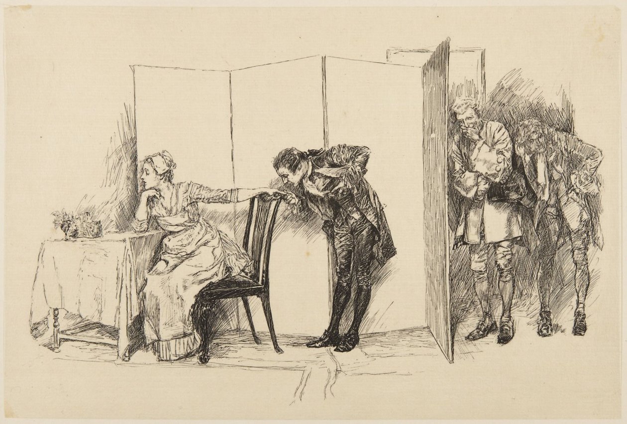 Illustration pour She Stoops to Conquer de Goldsmith : « Ici, derrière ce paravent » - Edwin Austin Abbey