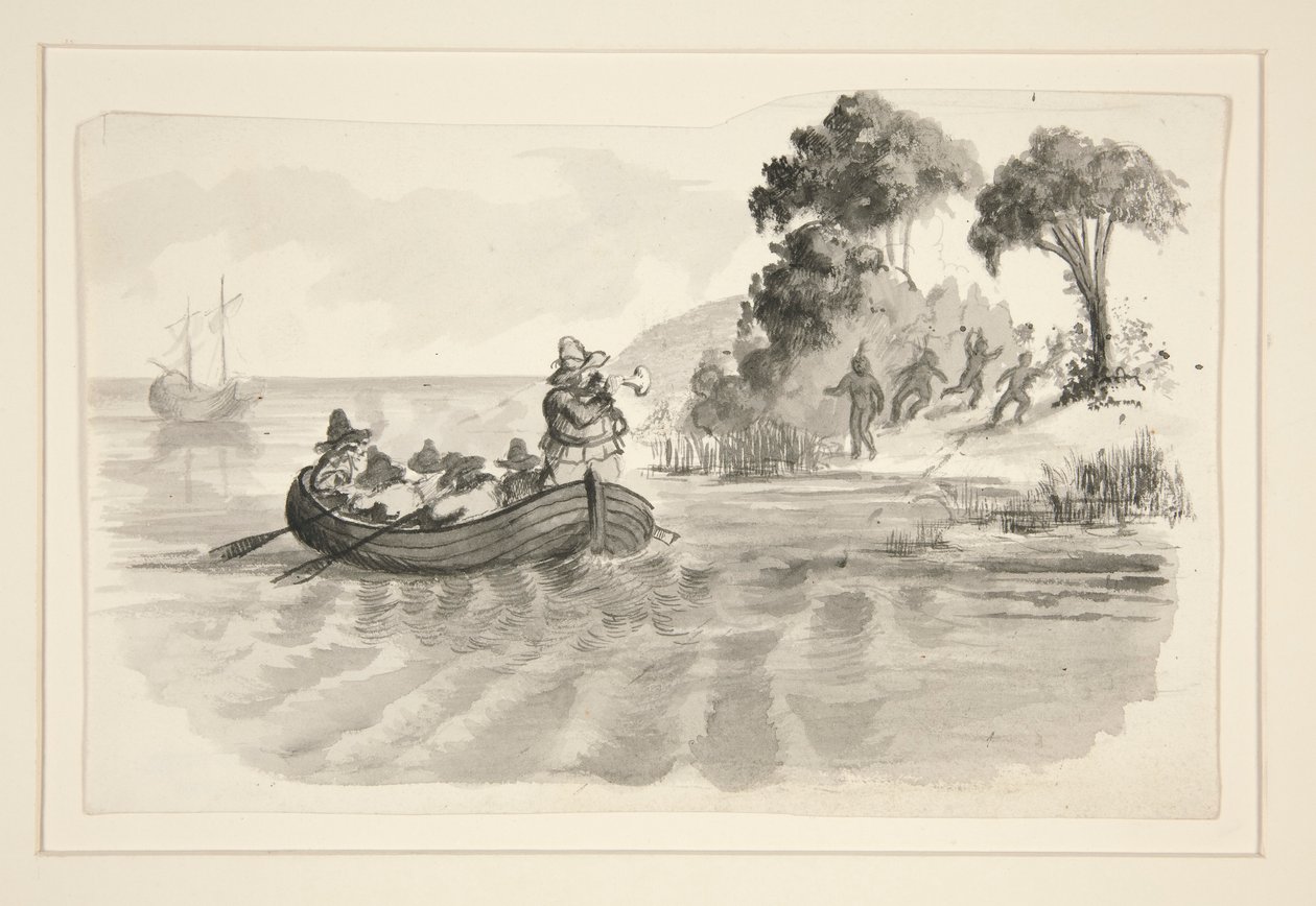 Hommes dans un canot fuyant les Indiens sur le rivage - illustration non identifiée (Christophe Colomb découvrant le Nouveau Monde?) - explorateurs débarquant dans le Nouveau Monde - Edwin Austin Abbey