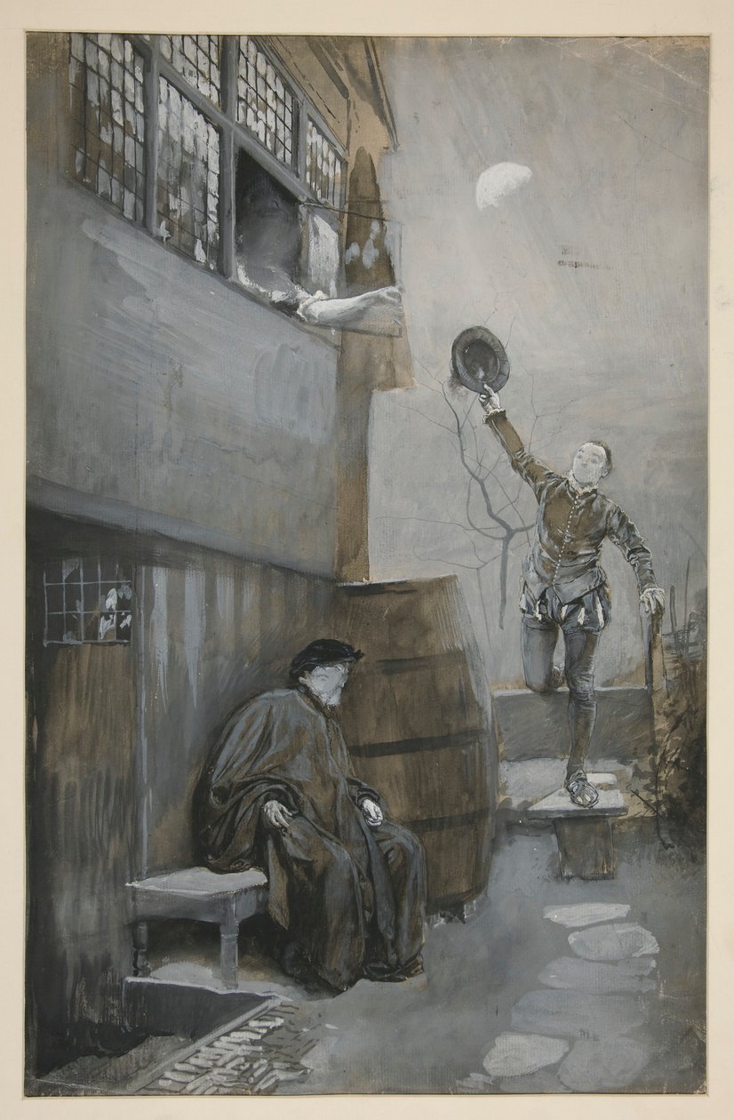 Esquisse pour Rendez-vous nocturne - 3 figures : deux hommes, une femme - Edwin Austin Abbey