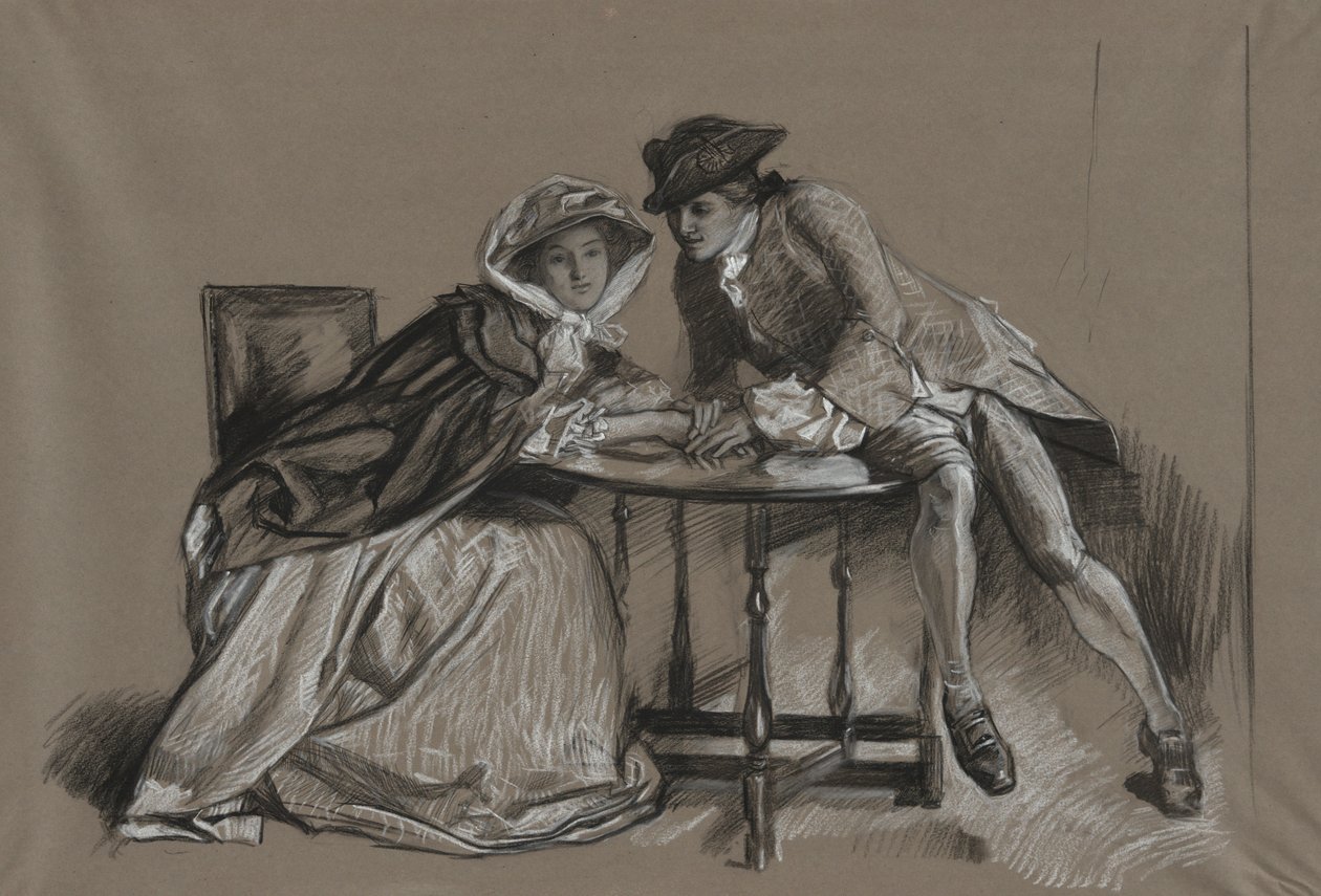 Étude. Dame et gentilhomme en conversation à travers une table - Edwin Austin Abbey