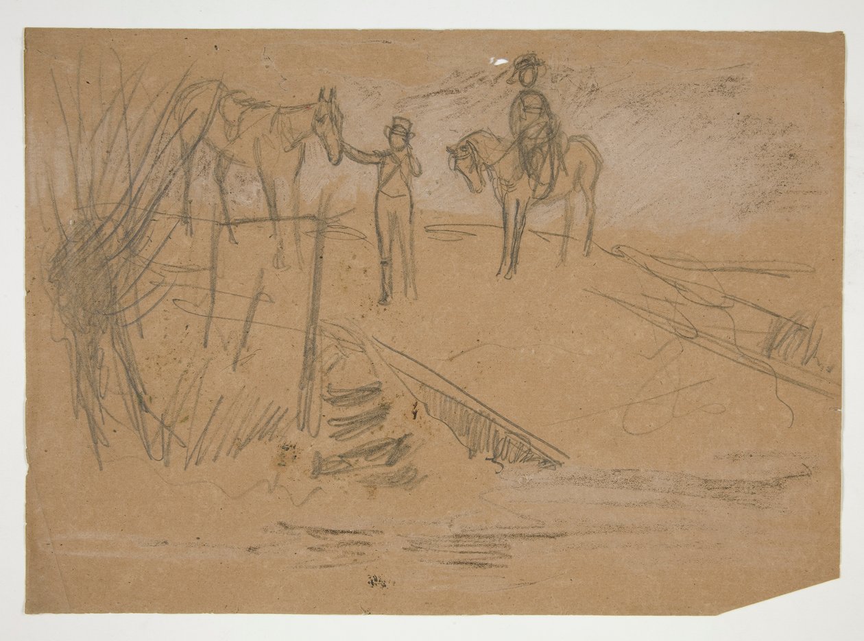 Deux hommes et deux chevaux dans un paysage - illustration non identifiée - Edwin Austin Abbey