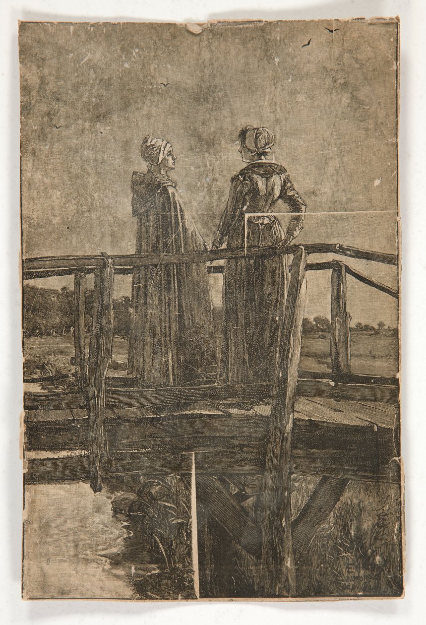 Gravure sur bois sans titre par E.A. Abbey (?) de deux dames sur une passerelle en bois - illustration pour William Black - Edwin Austin Abbey