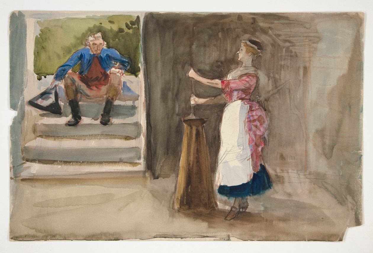 Femme barattant du beurre, homme en habit révolutionnaire regardant - (illustration non identifiée) - Edwin Austin Abbey