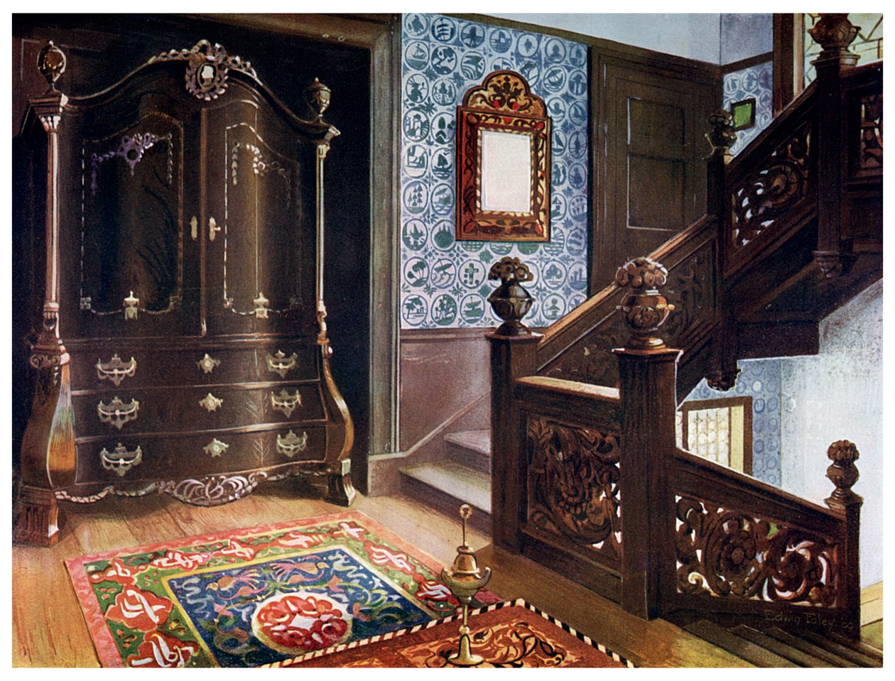 Armoire bombée en noyer sculpté avec montures ciselées, 1910 - Edwin Foley