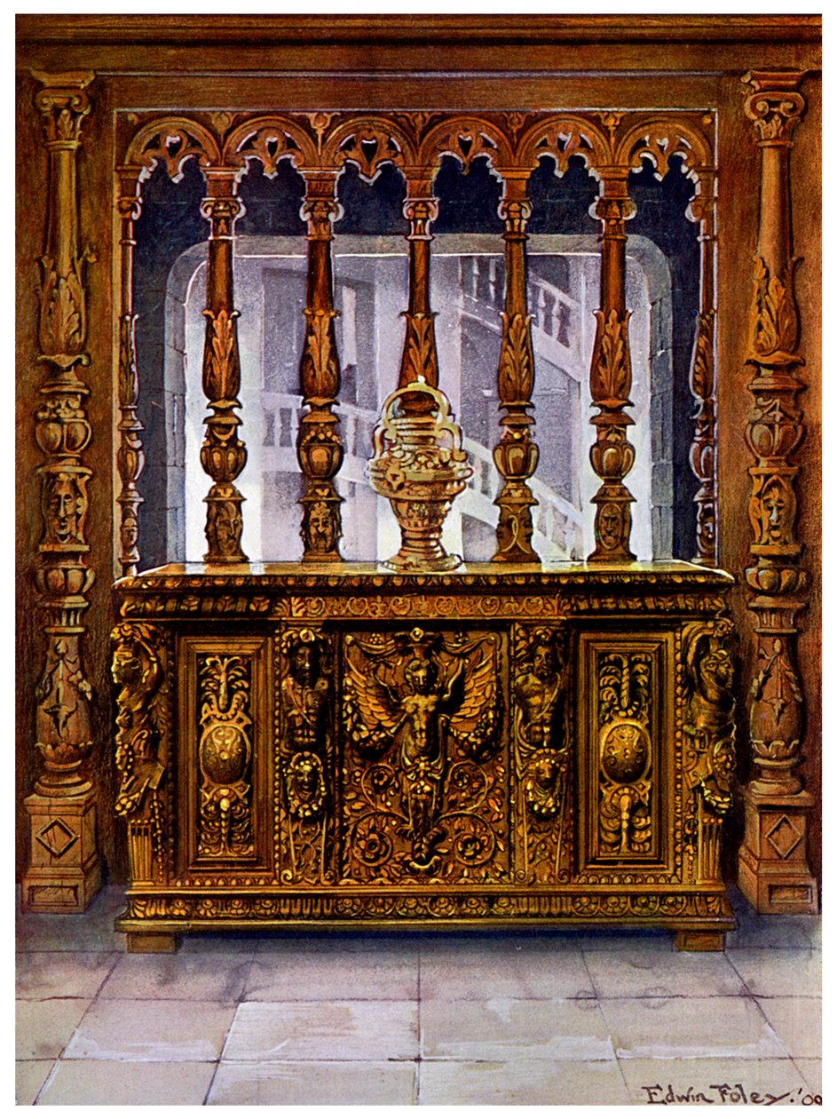 Coffre sculpté ou bahut et écran en chêne de la même période française, 1910 - Edwin Foley