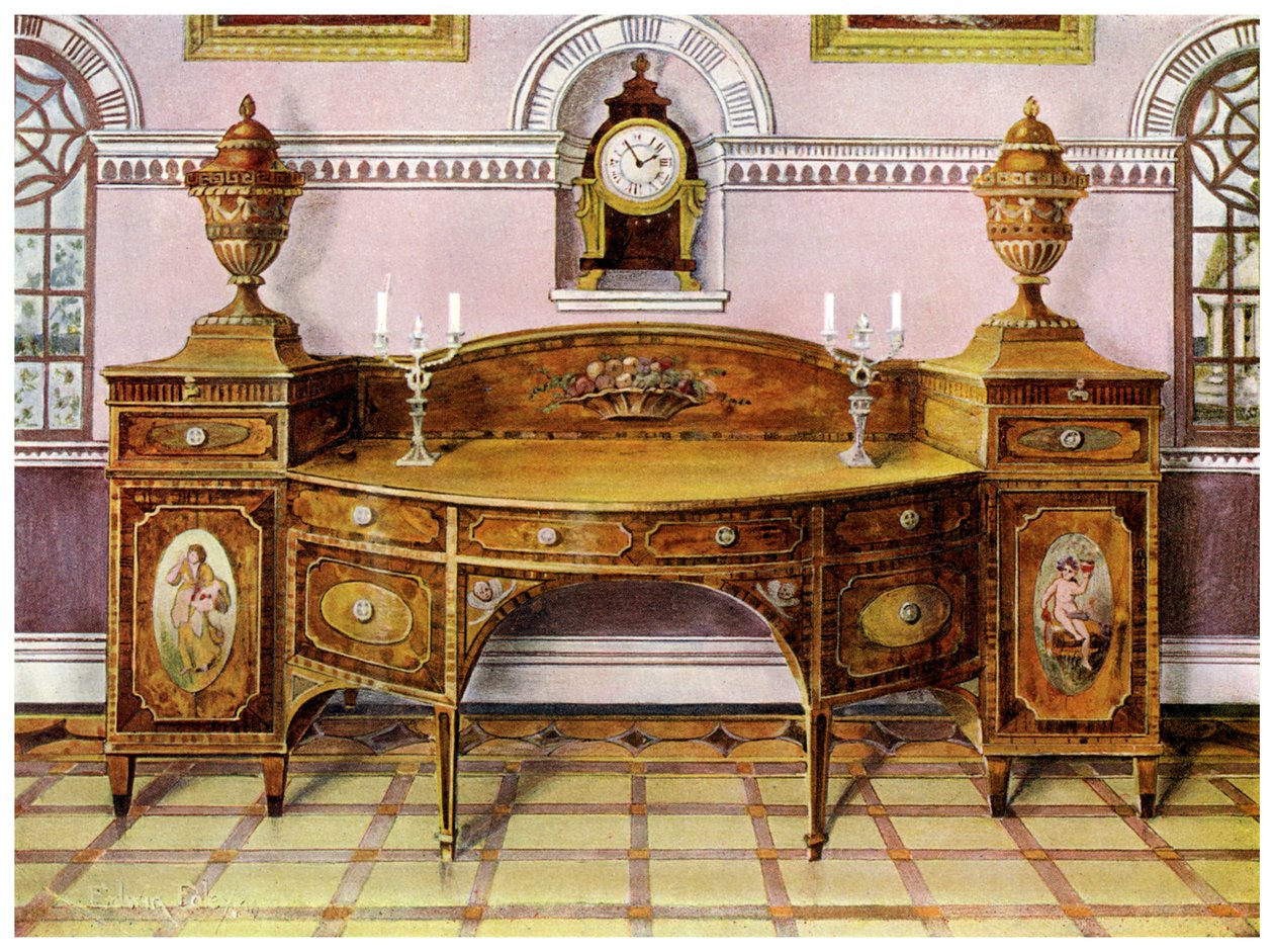 Buffet en satinwood peint et incrusté et horloge en acajou, 1911-1912 - Edwin Foley