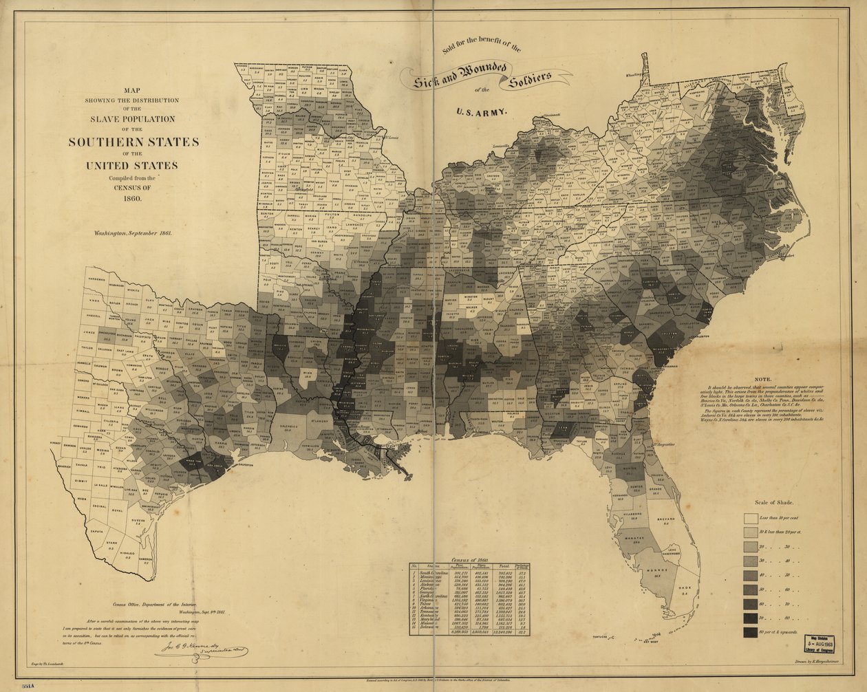 Carte montrant la distribution de la population esclave des États du sud des États-Unis, compilée à partir du recensement de 1860 - Edwin Hergesheimer