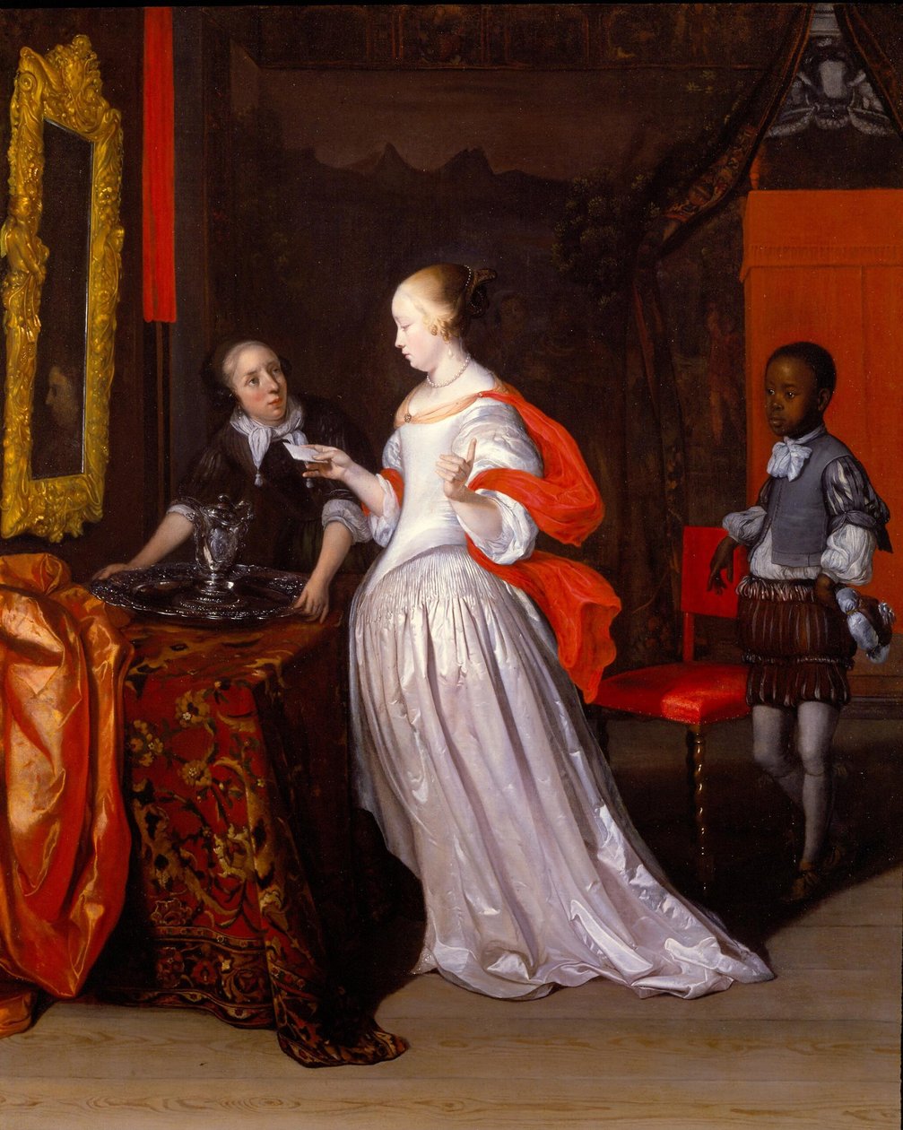 Jeune femme avec une lettre et deux domestiques dans un intérieur distingué - Eglon van der Neer