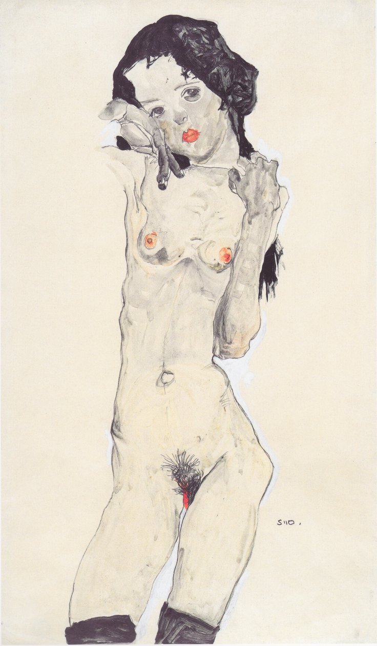 Nu féminin aux cheveux noirs - Egon Schiele