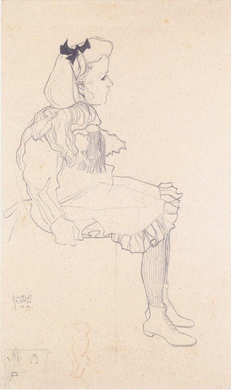 Fille assise avec un nœud dans les cheveux - Egon Schiele