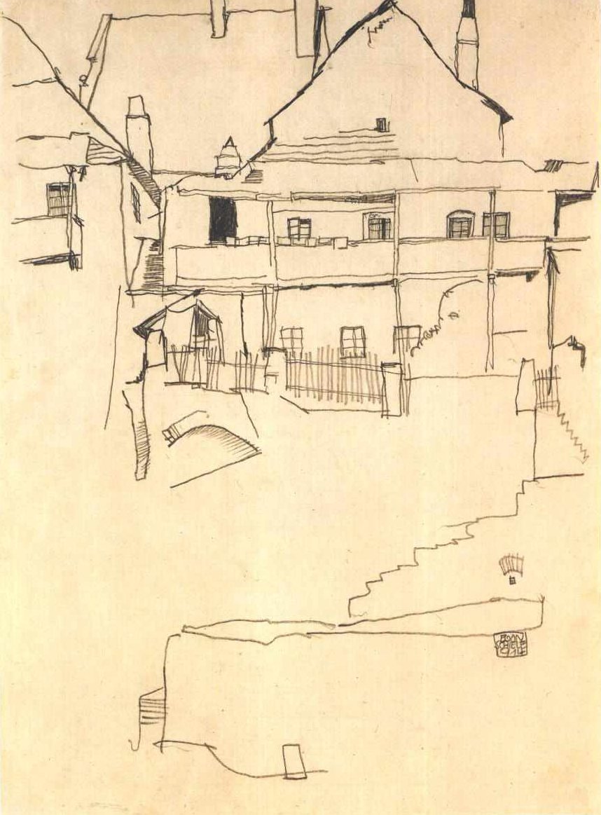 Étude pour la peinture Maison au toit de bardeaux - Egon Schiele