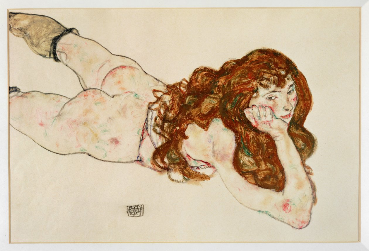 Nu féminin couché sur le ventre - Nu sur elle ... (gouache et crayon noir) - Egon Schiele
