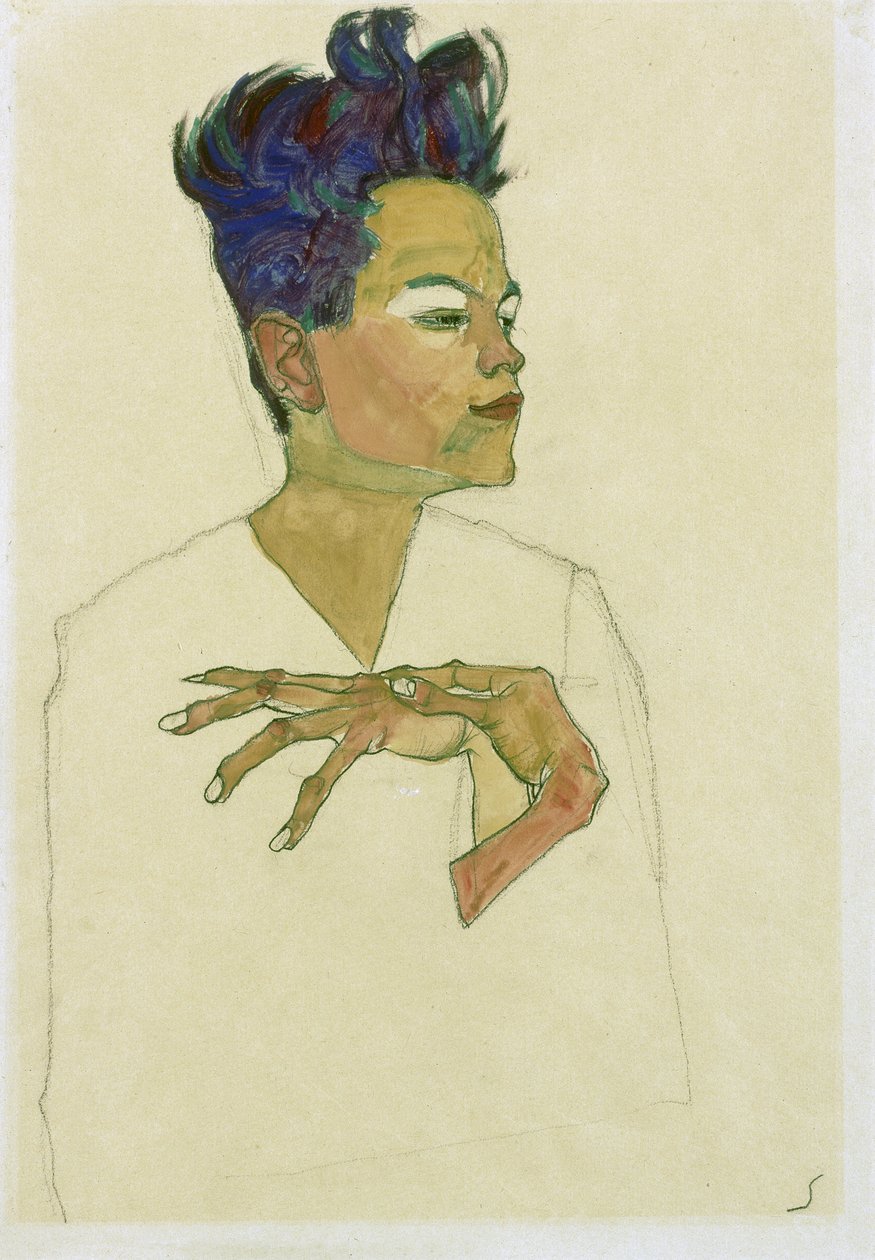Autoportrait avec les mains sur la poitrine - Egon Schiele