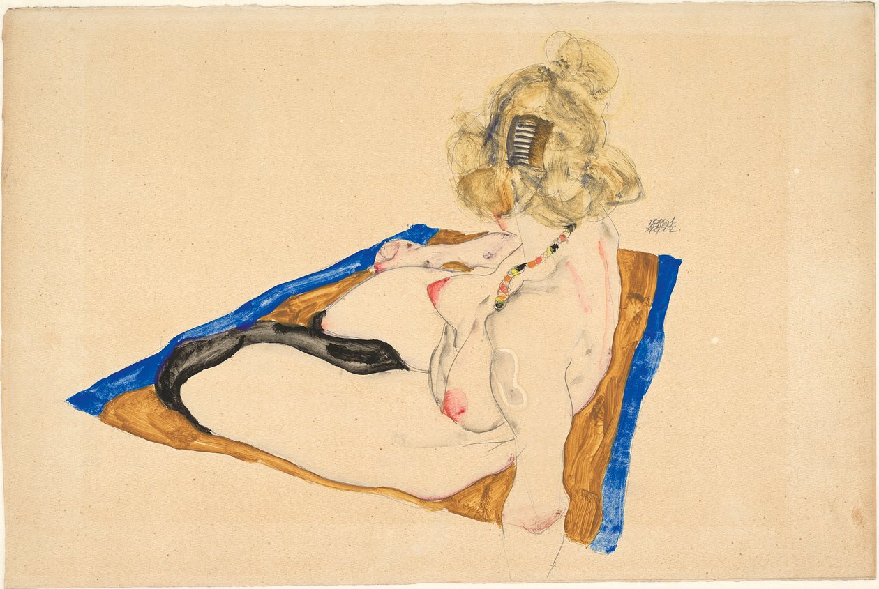 Nue blonde assise sur un tapis brun avec une bordure bleue, 1912 - Egon Schiele