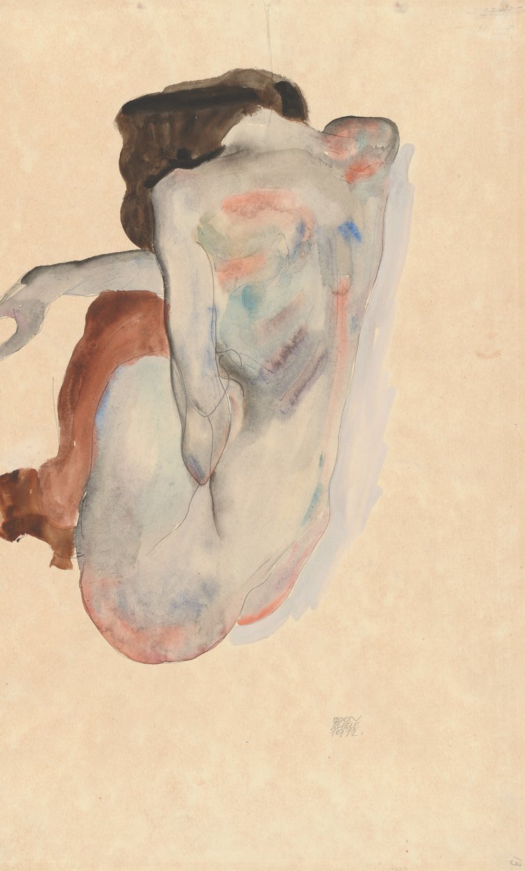 Nu accroupi en chaussures et bas noirs, vue de dos, 1912 - Egon Schiele