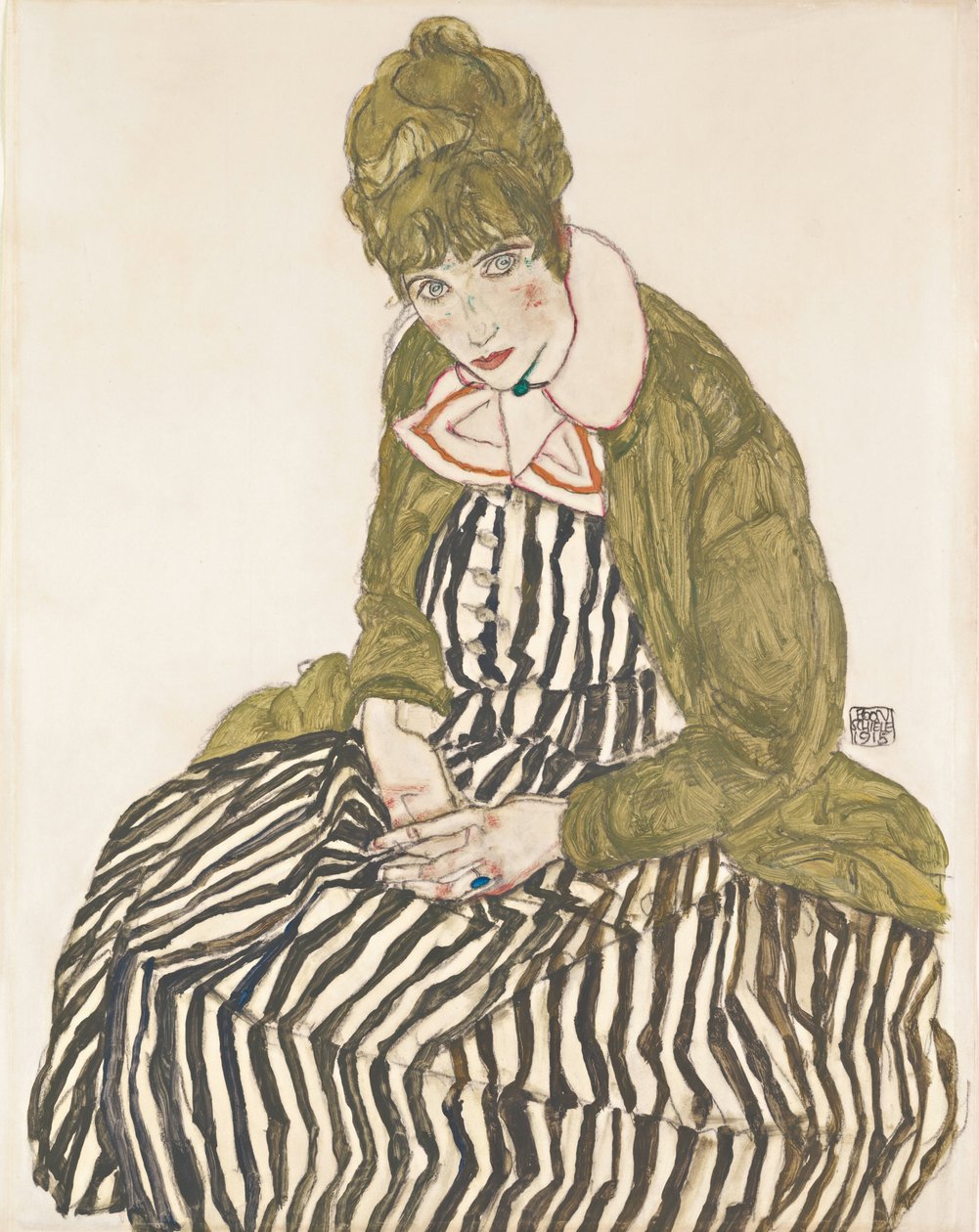 Edith en robe rayée, assise - Egon Schiele