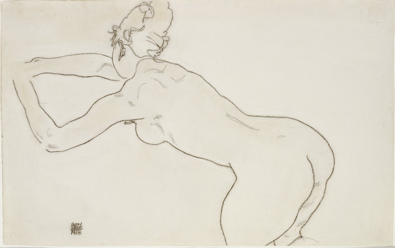 Femme nue agenouillée et penchée en avant vers la gauche, 1918 - Egon Schiele