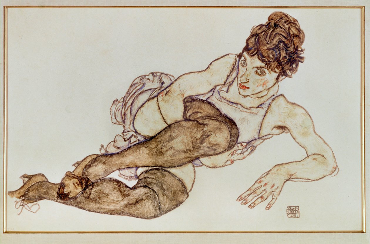 Femme aux bas bruns - Woman ... (gouache et crayon noir) - Egon Schiele