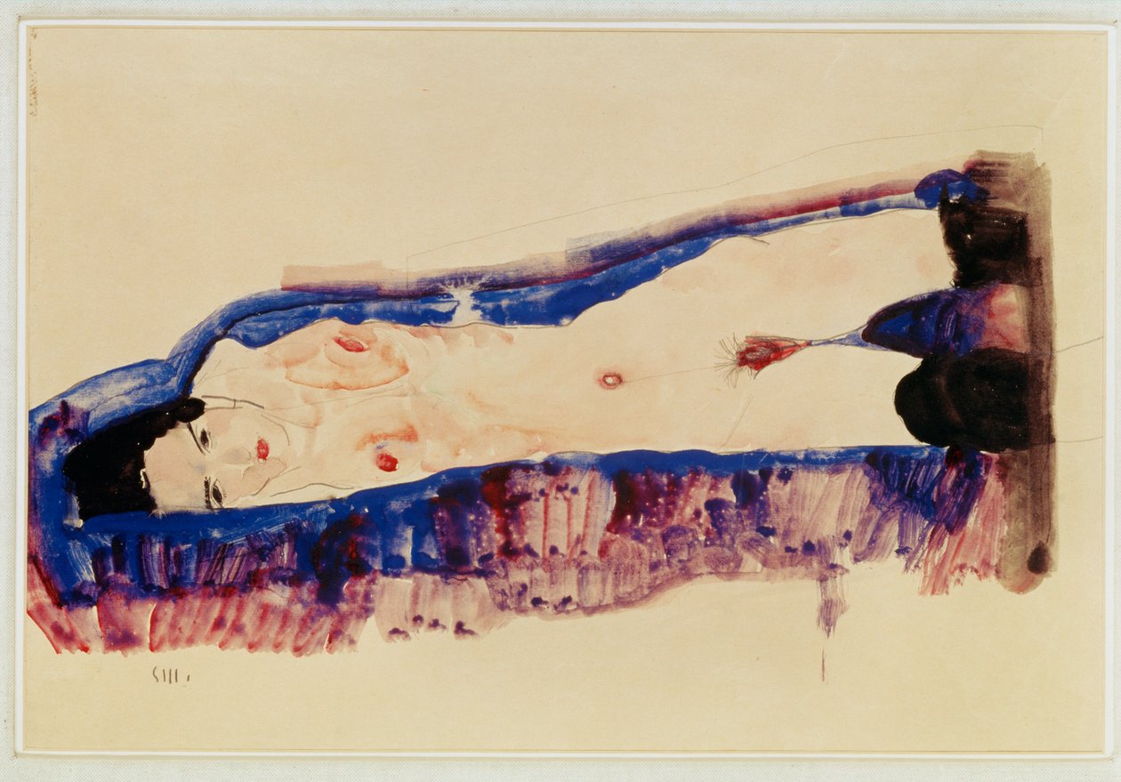 Nu couché avec des bas noirs ... (watercolour and pencil) - Egon Schiele