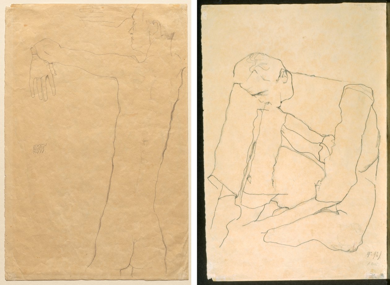 Homme nu avec les bras levés (recto) Homme assis (verso) - Egon Schiele