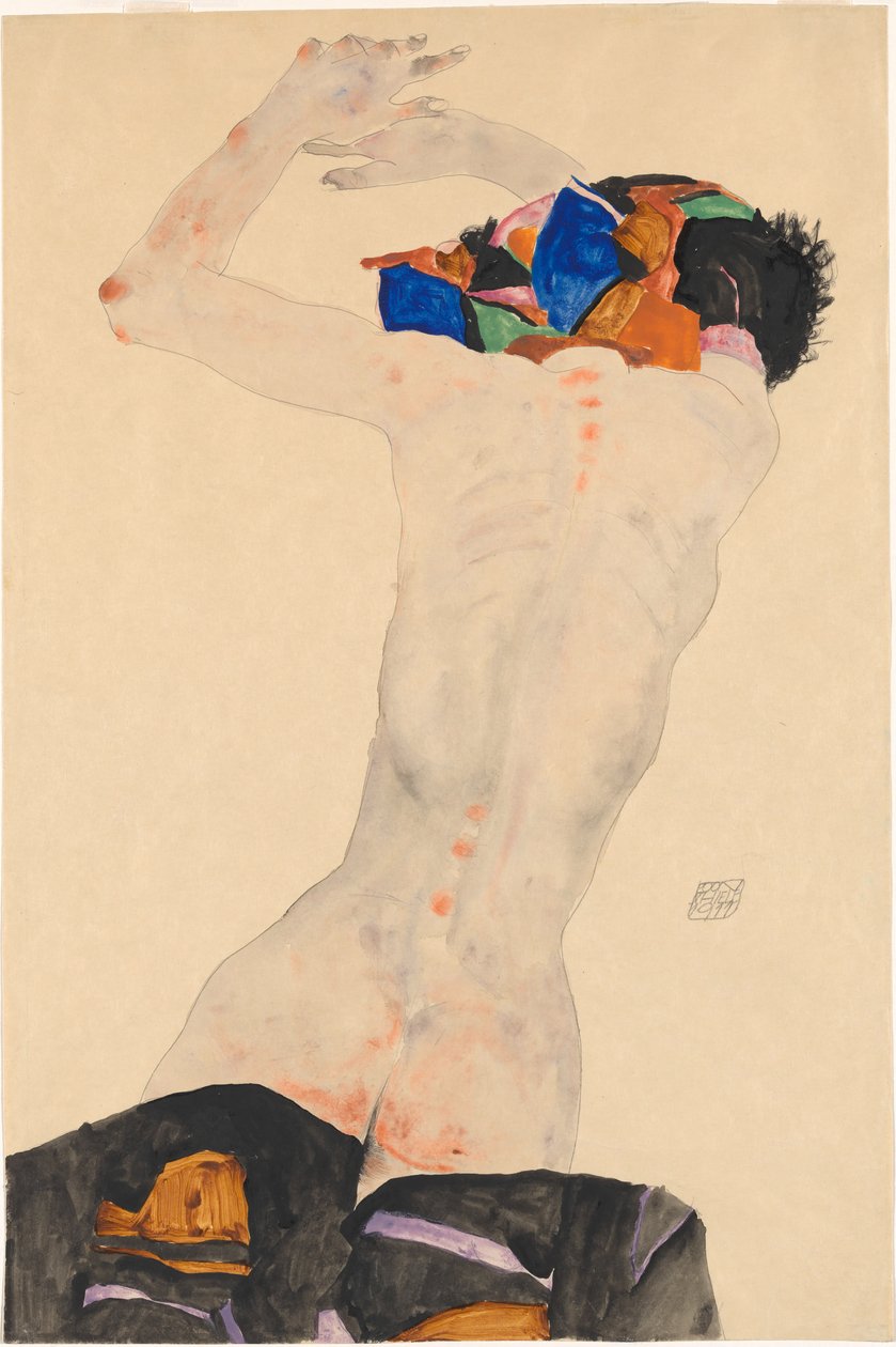 Nu de dos avec un tissu coloré - Egon Schiele