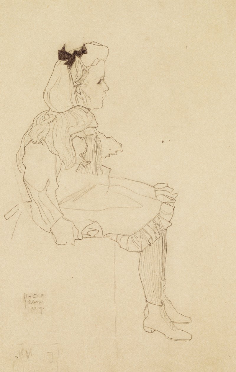 Fille assise avec un nœud dans les cheveux, 1909 - Egon Schiele