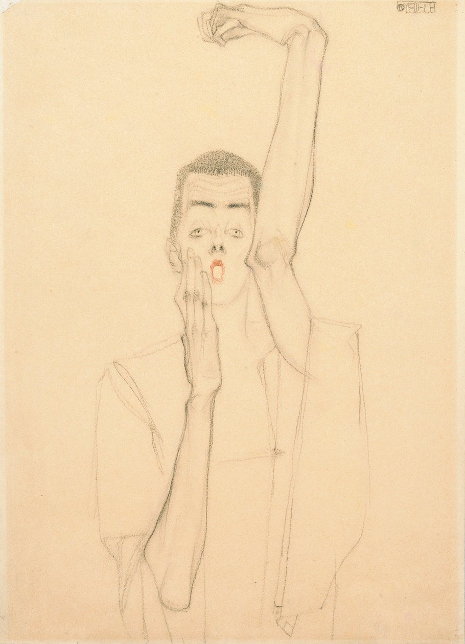 Autoportrait avec un bras levé et une bouche rouge - Egon Schiele