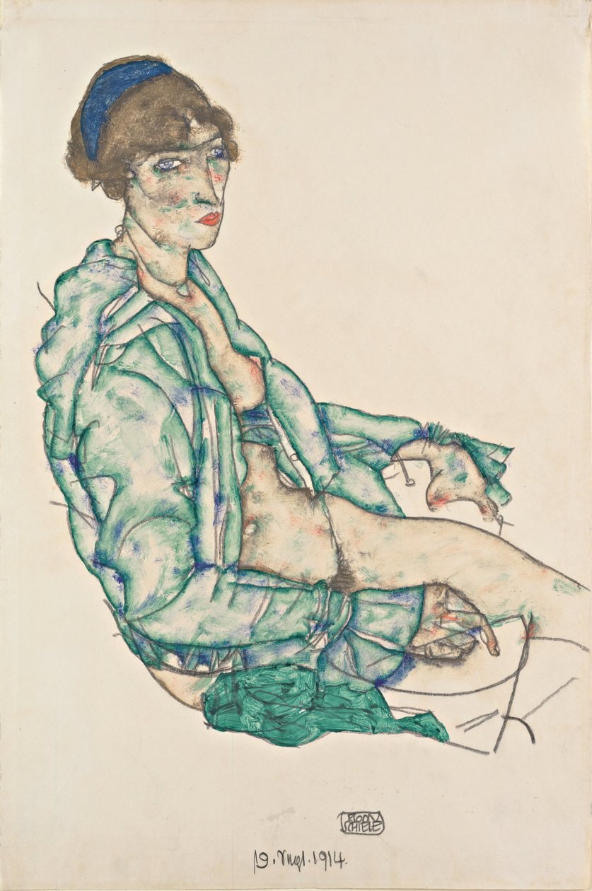 Demi-nu assis avec bandeau bleu - Egon Schiele