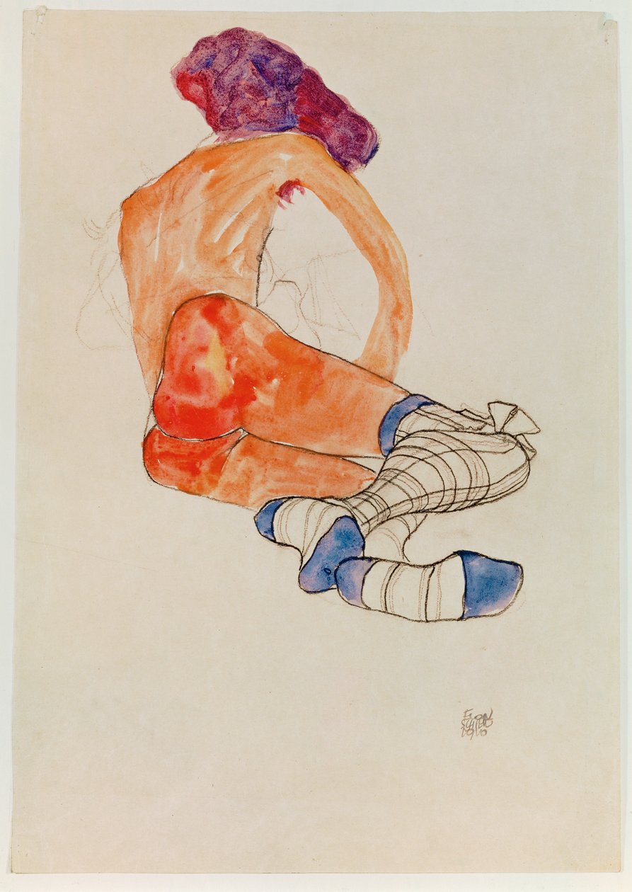 Nu féminin assis avec jarretière bleue, du ... (gouache, aquarelle, et charbon) - Egon Schiele