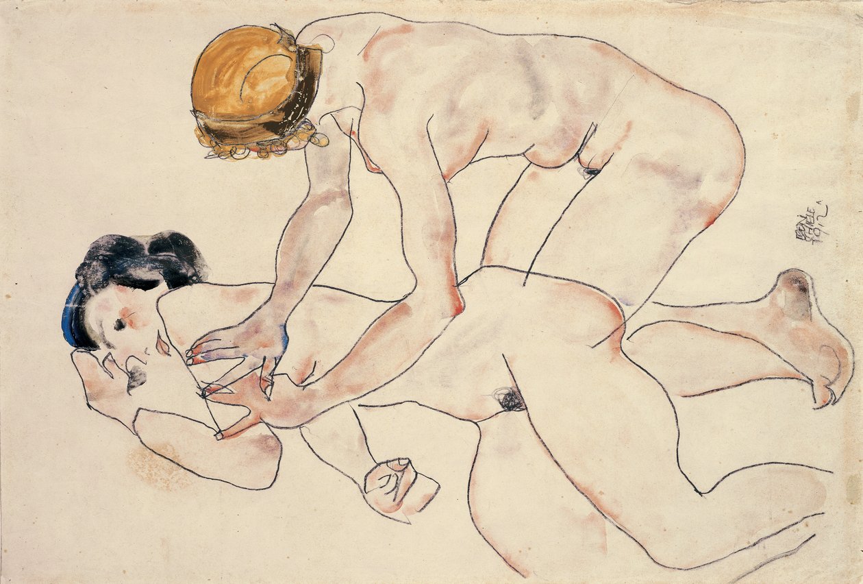 Deux nus féminins, allongés et agenouillés - Egon Schiele