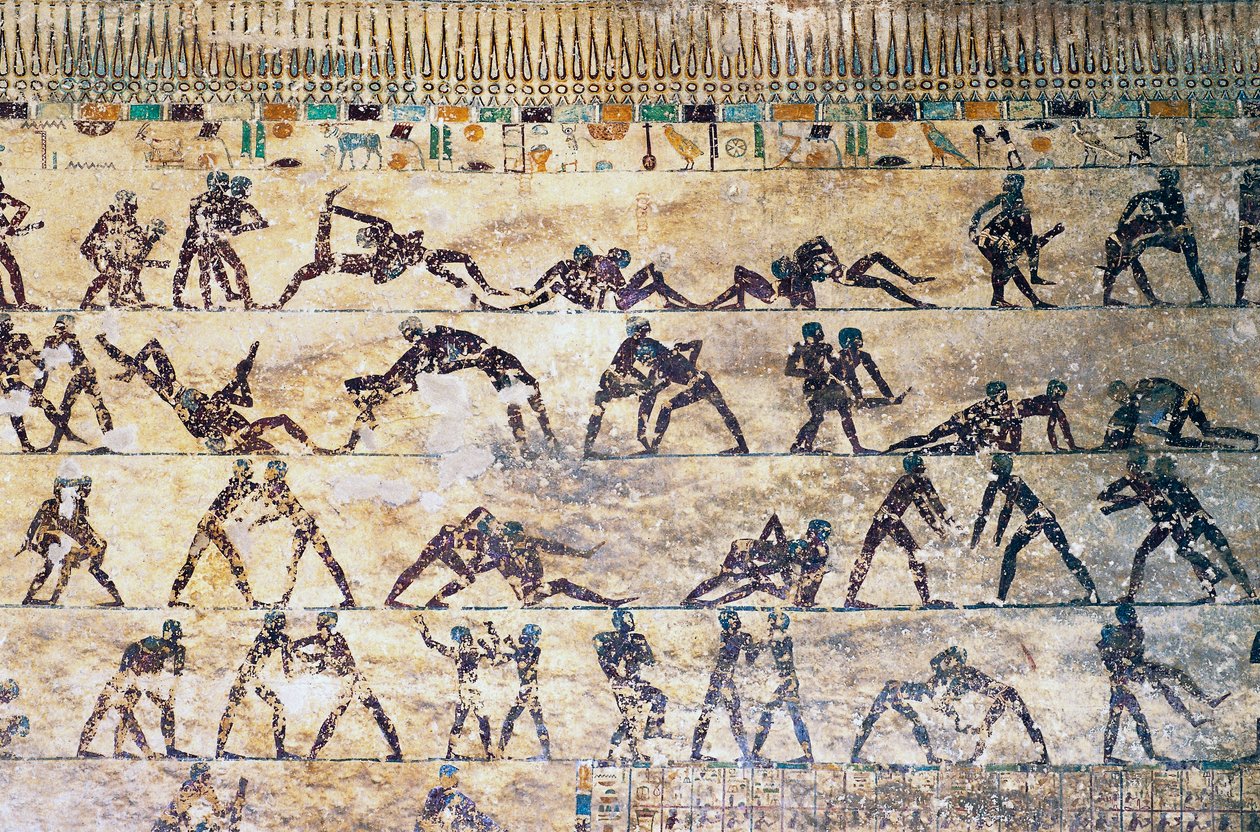 Scènes de combat, peinture murale, tombe de Kethi, nécropole de Beni Hasan, Égypte, civilisation égyptienne, Moyen Empire, Dynastie XII - Egyptian 12th Dynasty