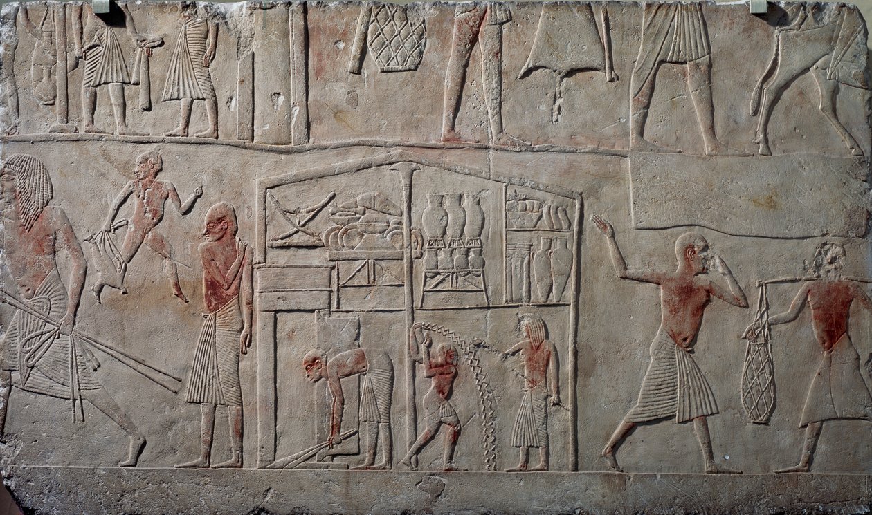 Disposition des aliments dans les entrepôts, relief mural en calcaire, de la tombe Memphite de Horemheb à Saqqara, Civilisation égyptienne, Nouvel Empire, Dynastie XVIII - Egyptian 18th Dynasty