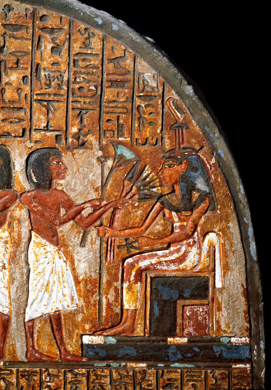 Antiquité égyptienne : stèle funéraire de Minhotep (détail) représentant une offrande de fleurs à la déesse Hathor tenant la clé de la vie (Ankh). 18e dynastie. 14e siècle av. J.-C. Turin, Musée égyptien - Egyptian 18th Dynasty