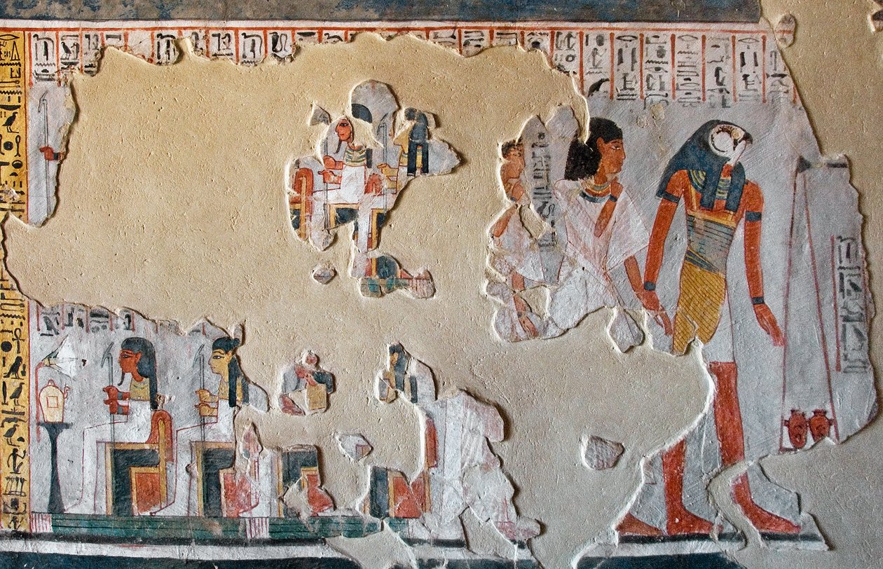 Horus guide Roy et sa femme vers la pesée des cœurs. Fragments de fresque de la tombe de Roy (TT255). 18e dynastie. Rive Ouest de Louxor, Égypte - Egyptian 18th Dynasty