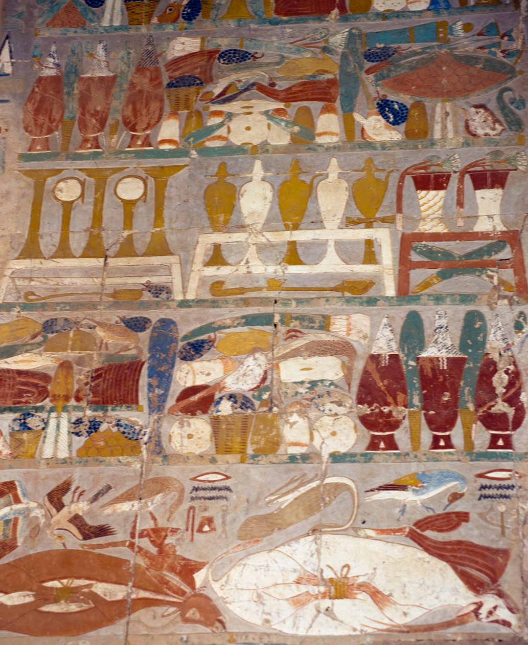 Offrandes et pots de parfum entre Anubis et Hatchepsout, fresque, Chapelle d