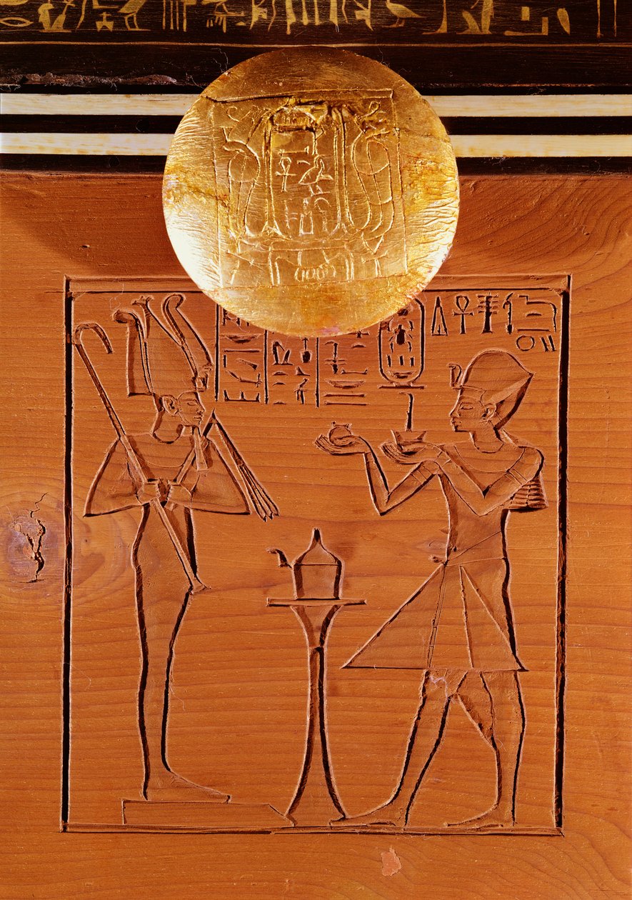 Coffre portable, détail de Toutankhamon faisant une offrande à Osiris, de la tombe de Toutankhamon, Nouvel Empire - Egyptian 18th Dynasty