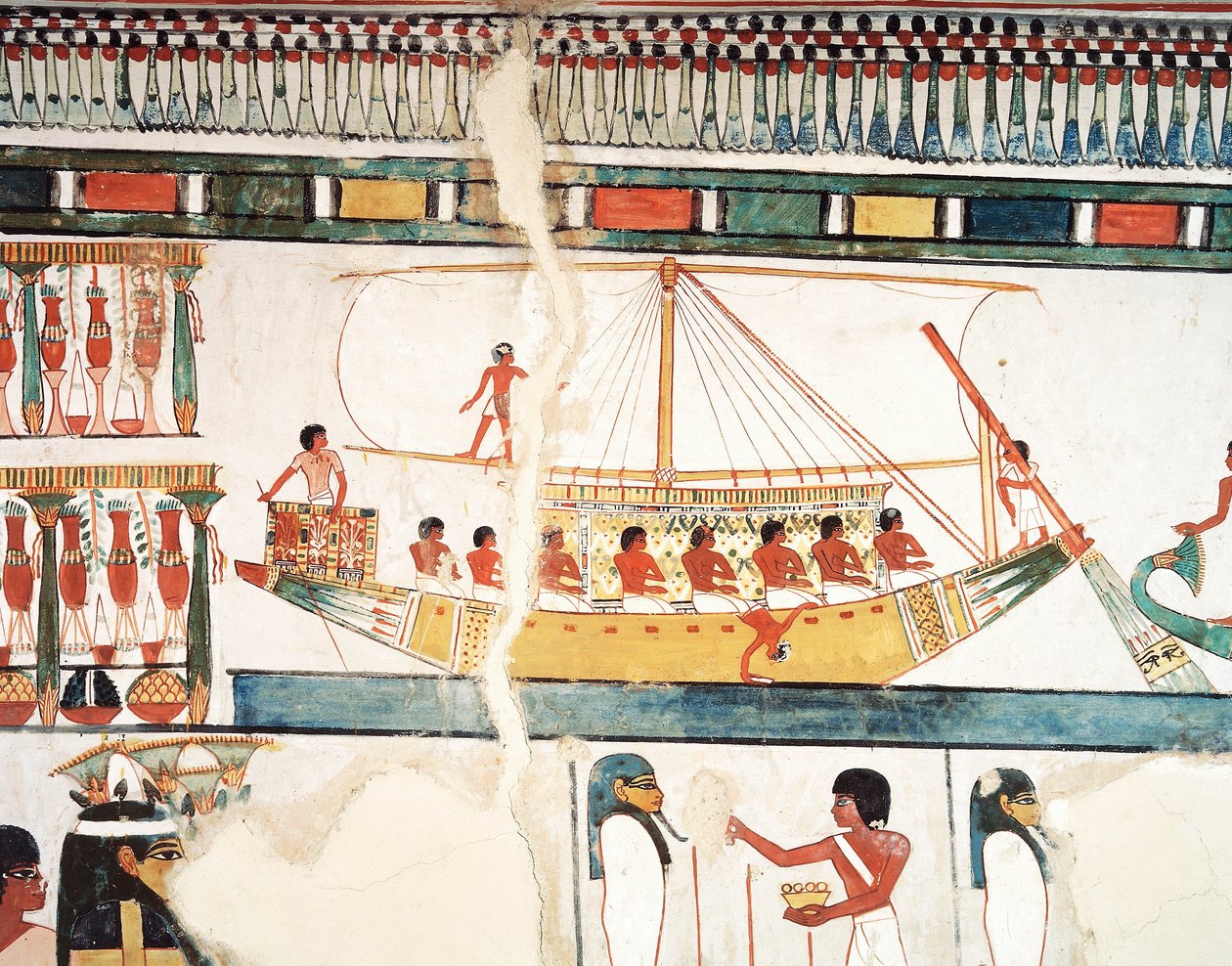 Le navire solaire, détail du pèlerinage à Abydos, fresque, mur nord, grande salle à manger, Tombe thébaine TT69, Sheikh Abd el-Qurna, Thèbes (Liste du patrimoine mondial de l