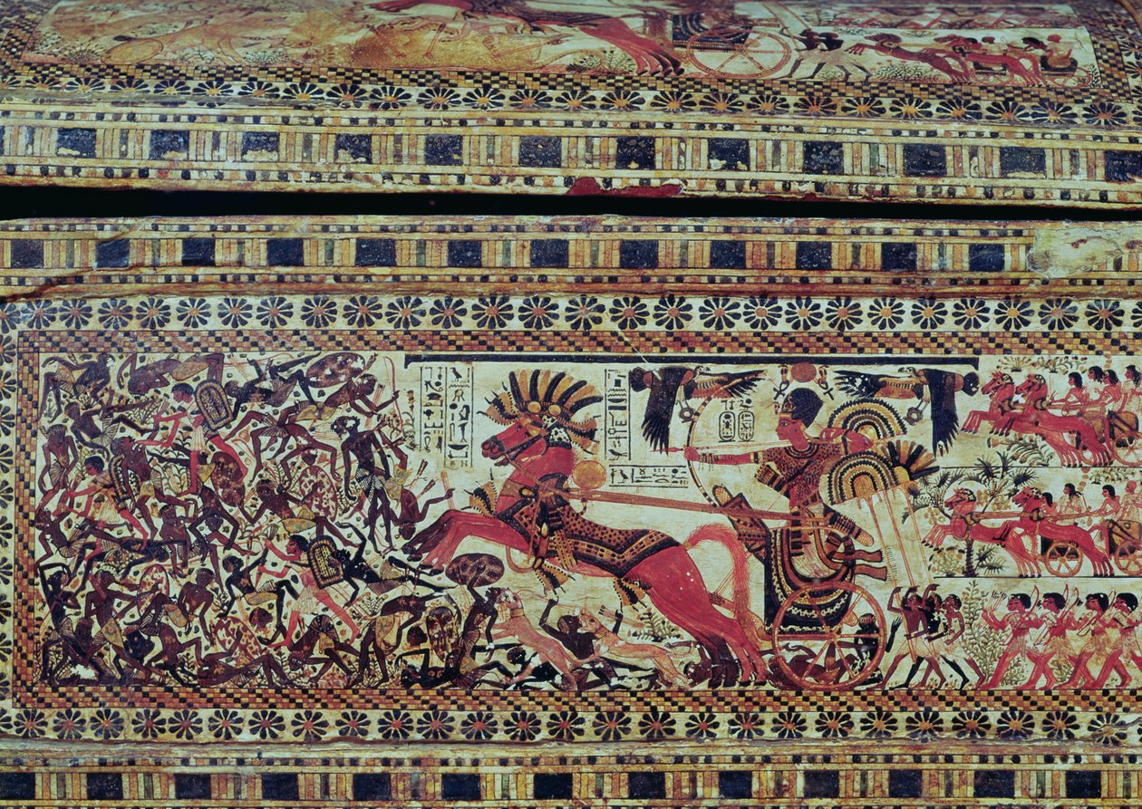 Toutankhamon (c.1370-1352 av. J.-C.) sur son char attaquant des Africains, détail du côté d