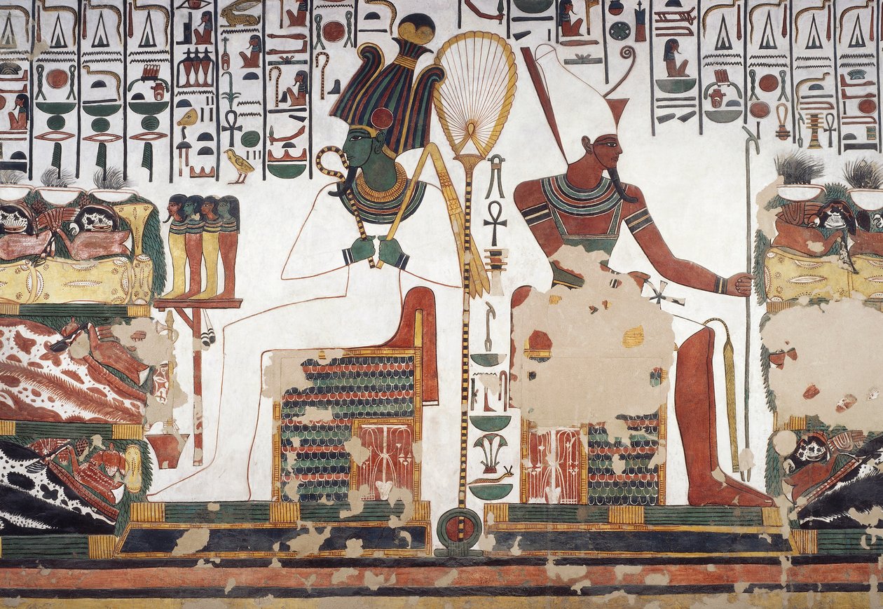 Osiris et Atoum, fresque, mur est, chambre est, Tombe de Néfertari (QV66), Vallée des Reines, Thèbes (Liste du patrimoine mondial de l
