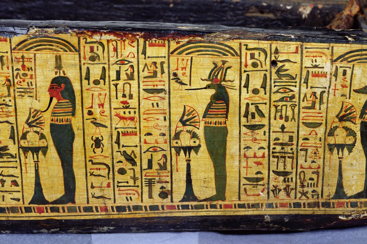 Détail de la base extérieure du cercueil de la momie de Nesyamun, probablement trouvé à Deir el-Bahari, Nouvel Empire, vers 1100 av. J.-C. (bois peint) - Egyptian 20th Dynasty