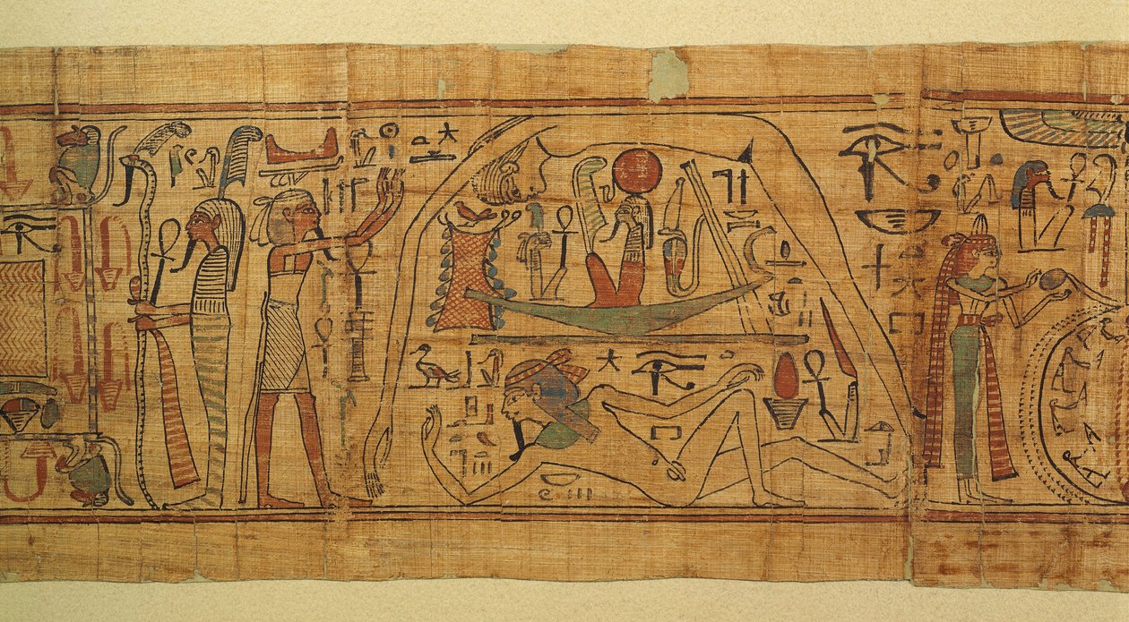 Livre des images mythologiques de Nespakachuty, la séparation du ciel et de la terre avec le bateau solaire - Egyptian 21st Dynasty