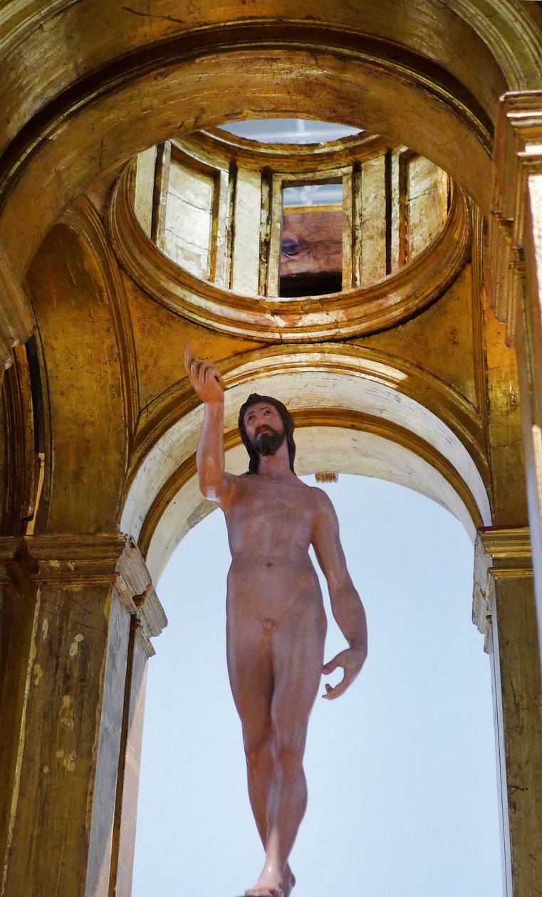 Christ ressuscité et sa tente, Bois polychrome et bois doré (c. 1595-1598) par Dominicos Theotokopoulos dit Le Greco (Domenico Theotocopuli El Greco 1541-1614), Fundacion Casa Ducal de Medinaceli, Tolède - photo Patrice Cartier - El Greco