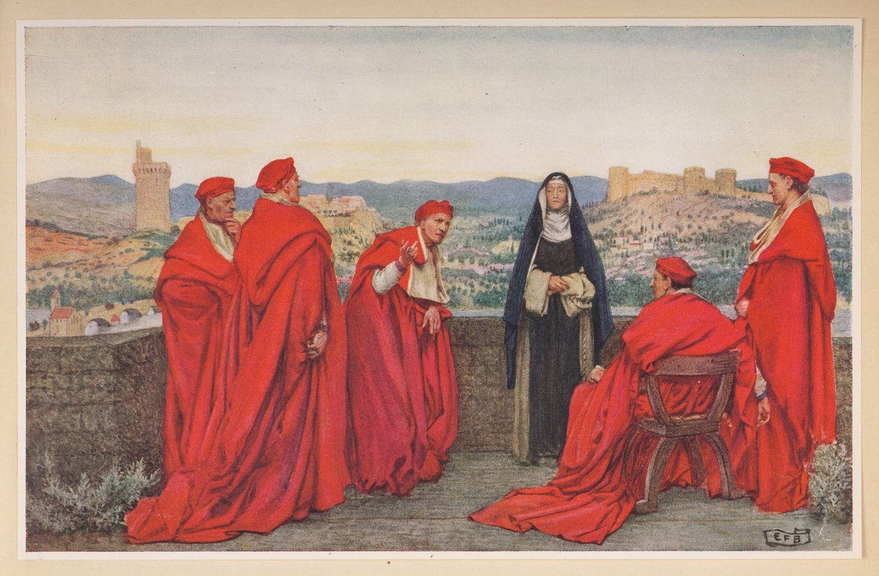 Sainte Catherine de Sienne négociant avec le pape Grégoire XI au nom des Florentins. - Eleanor Fortescue Brickdale