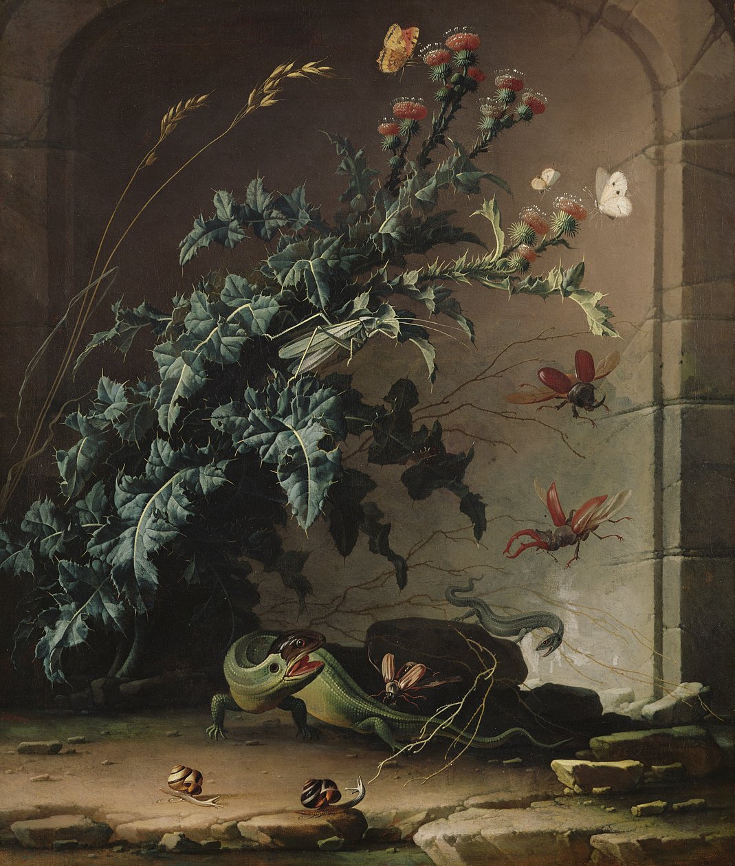 Niche en pierre avec chardon, lézard et insectes, 1690 - Elias van den Broeck