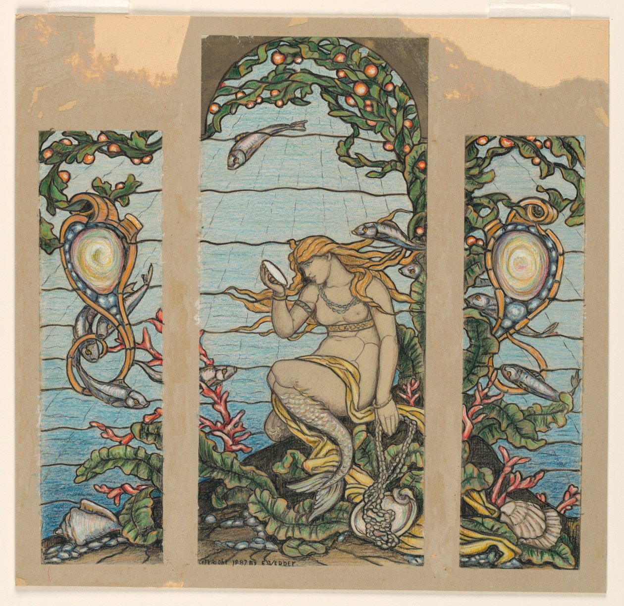 Dessin, "The Mermaid Window", projet de vitrail pour la résidence A.H. Barney, New York, NY, 1882 - Elihu Vedder