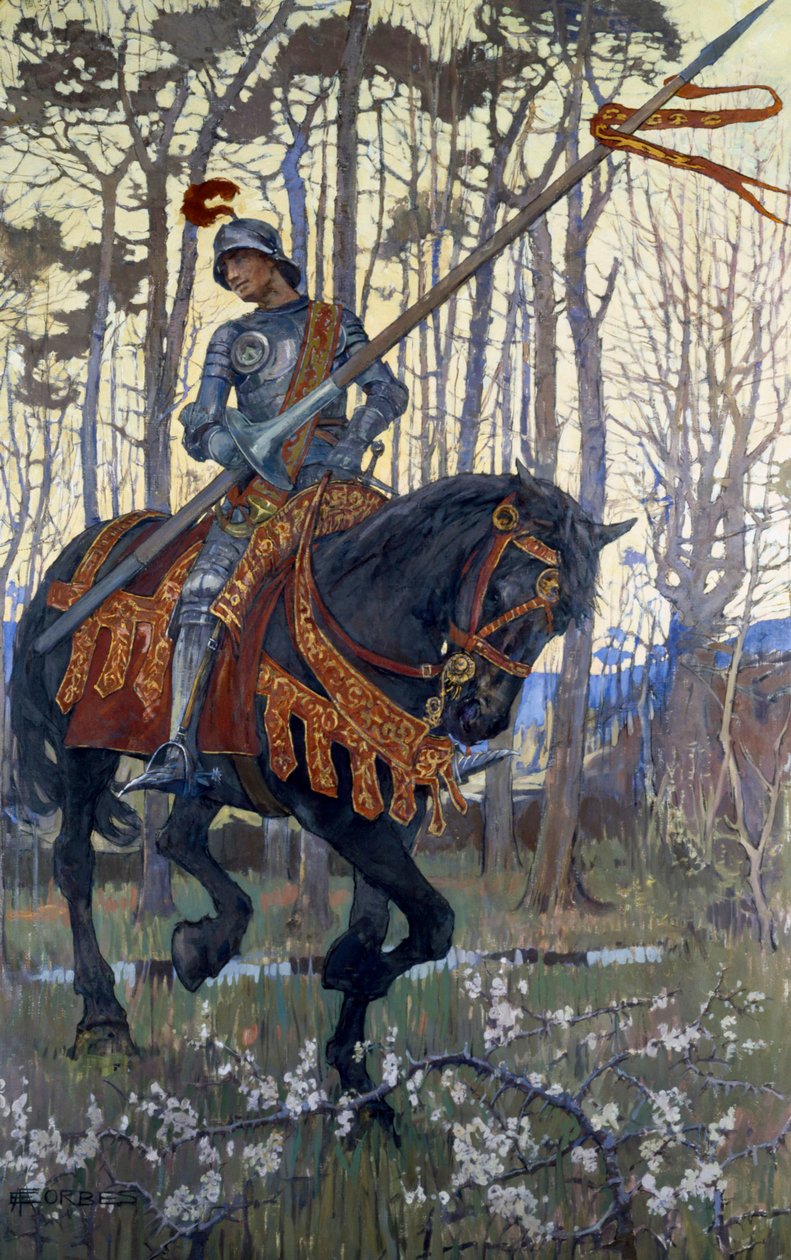 Un chevalier en armure traverse la forêt, illustration tirée de "King Arthur