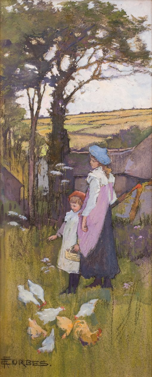 Nourrir les poules (Pastel et aquarelle sur carton) - Elizabeth Adela Stanhope Forbes