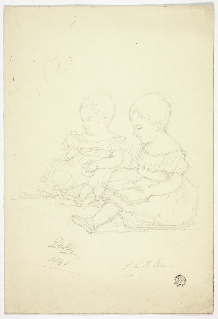 Deux petites filles assises (recto), une nature morte et deux animaux (verso) - Elizabeth Murray