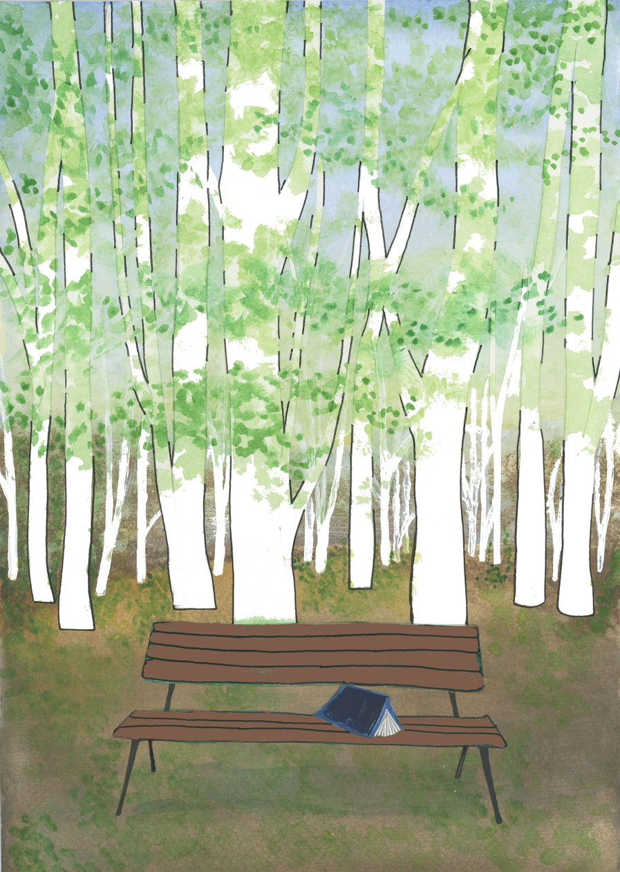 Banc dans la forêt, 2017 (aquarelle et collage) - Elizabeth Rider