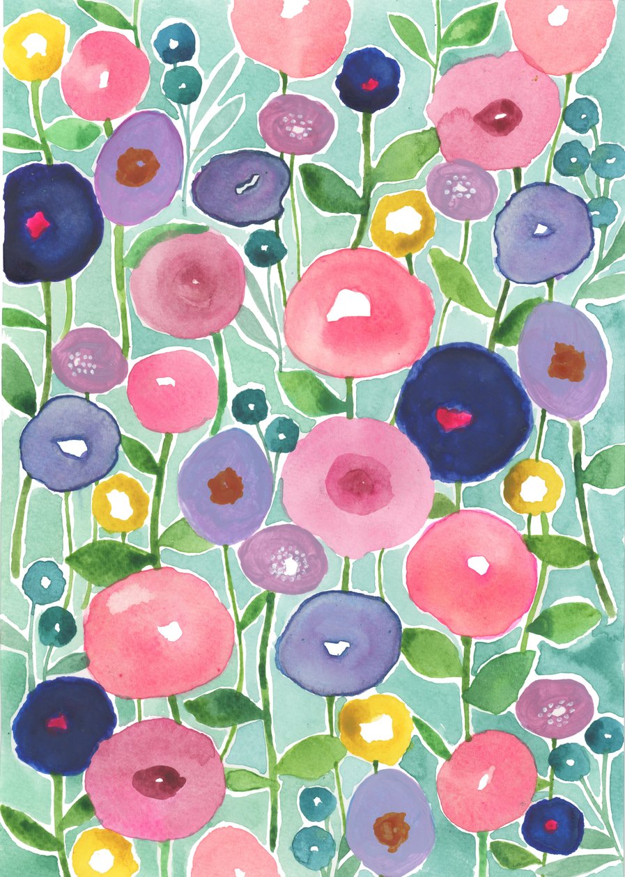 Coquelicots en fleurs sur fond aqua, 2018 (aquarelle) - Elizabeth Rider